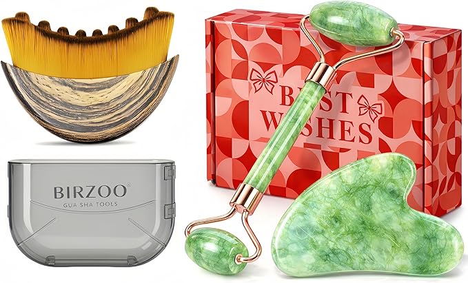 Lymphatic Contour Face Brush & Natural Jade Roller Set - Premium Xiuyu Jade Gua Sha Tool with Facial Massage Roller - Complete Skin Care Kit for Jawline Sculpting, Puffiness Relief (Green)