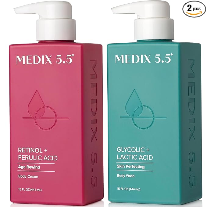 Medix 5.5 Exfoliating AHA Glycolic Acid Face & Body Wash Cleanser + Retinol Moisturizing Body Cream Lotion Skin Care 2PC Set | Alpha Hydroxy Acid & Lactic Acid Foaming Face Wash, 2-PC