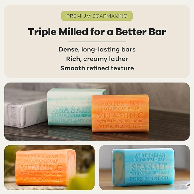 Australian Botanical Soap Variety Pack Includes 4 Valencia Orange and 4 Sea Salt Soap for Face, Hands and Body, Enriched with Shea Butter, Ocean Minerals and Vitamin C