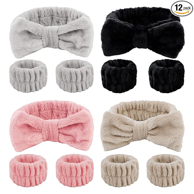 CIEHER 12 PCS Makeup Headband for Women Wrist Washband Scrunchies Cuffs for Washing Face, Soft Bow Hair Band Matching Wristbands, Spa Headband Coral Fleece Bow Headbands for Girls