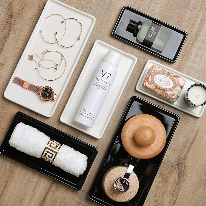 Gurygo 2 Pack 10" Bathroom Tray, Ceramic Vanity Trays for Bathroom, Small Ceramic Trays, Kitchen Soap Tray for Kitchen Counter (White, 10",Set/2)