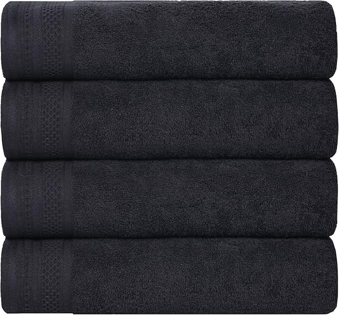 Superior Honeycomb Cotton Medium Weight Towels, for Guest Bath, Master Bathroom, Shower, Quick Dry, Adults, Home Essentials, Textured Waffle Border, Towel Set, Bath Towels, Set of 4, Black