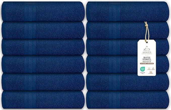 Medium Bath Towels Bulk Set of 12 – 100% Cotton Terry – 24" x 48" – Quick Dry, Soft & Highly Absorbent – Navy Blue Towels for Bathroom, Gym, Spa, Pool & Daily Use