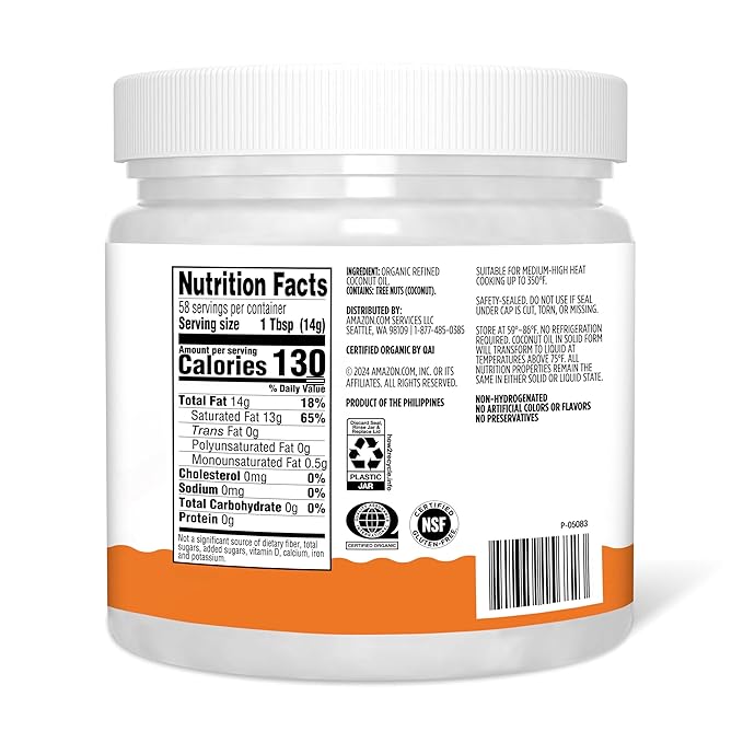 Amazon Grocery, Organic Refined Coconut Oil, 30 Fl Oz