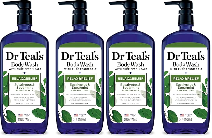 Dr Teal's Body Wash with Pure Epsom Salt, Relax & Relief with Eucalyptus & Spearmint, 24 fl oz (Pack of 4)