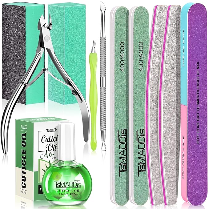 TsMADDTs Cuticle Pusher Nail File Kit, Nail Buffers and Files with 3 Files, 2 Buffering Blocks, 2 Polishing Buffers, Cuticle Nippers, Pusher and Oil
