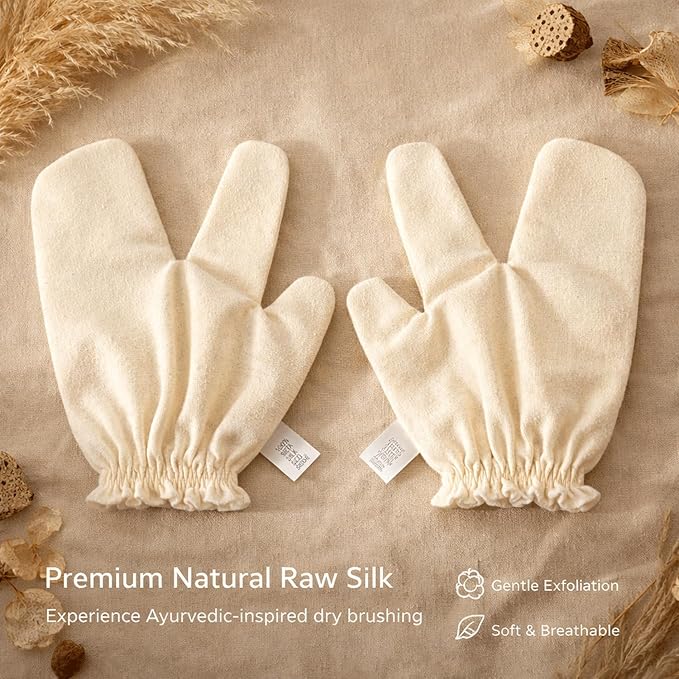 Garshana Gloves Raw Silk Gloves for Dry Brushing, Raw Silk Massage Gloves Exfoliating Body Scrub Mitt for Pre Shower Spa Massage, Ayurvedic Inspired Skin Brushing Massage,2PCS