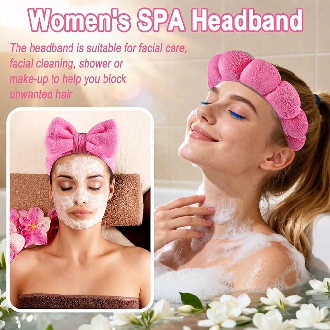 Zkptops 6Pcs Spa Headband for Washing Face Wristbands Set Women Bubble Makeup Sponge Terry Cloth Padded Puffy Skincare Headband Bow Tie Hairband Cute Non Slip Thick Hair Accessory Gifts (Rosy Red)