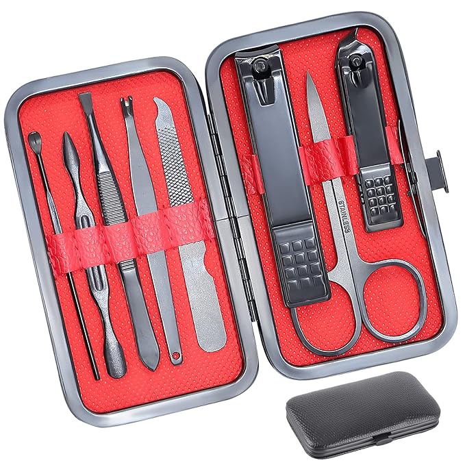 8 PCS Nail Clippers, ONEHERE Premium Manicure Set, Professional Grooming Gift Kit, Pedicure Kit, Facial, Hand, Foot, Cuticle Nail Care Tools, Fingernail Clippers with Luxurious Portable Travel Case