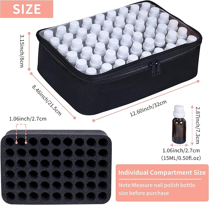 Essential Oils Carrying Case Holds 54 Grids for 1-3ML Roller Bottles 5ml, 10ml, 15ml Bottles Storage Organizer Bag Transparent, Essential Oil Bag with Detachable Pad Black