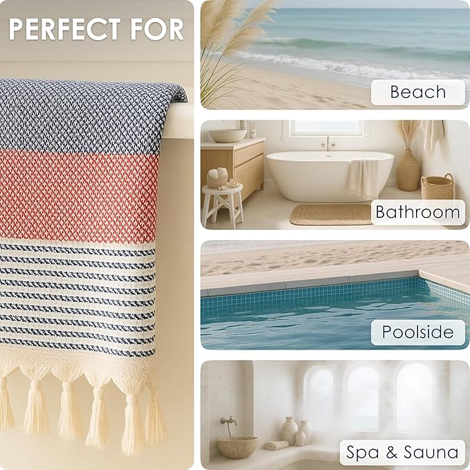 ATANI Turkish Beach Towel (71x39 Inches), Converts to a Bag, Oversized 100% Cotton Bath Towels Lightweight Quick-Dry Beach Blanket for Travel, Picnic, Camping, Yoga and Pool (Red x Navy Blue)