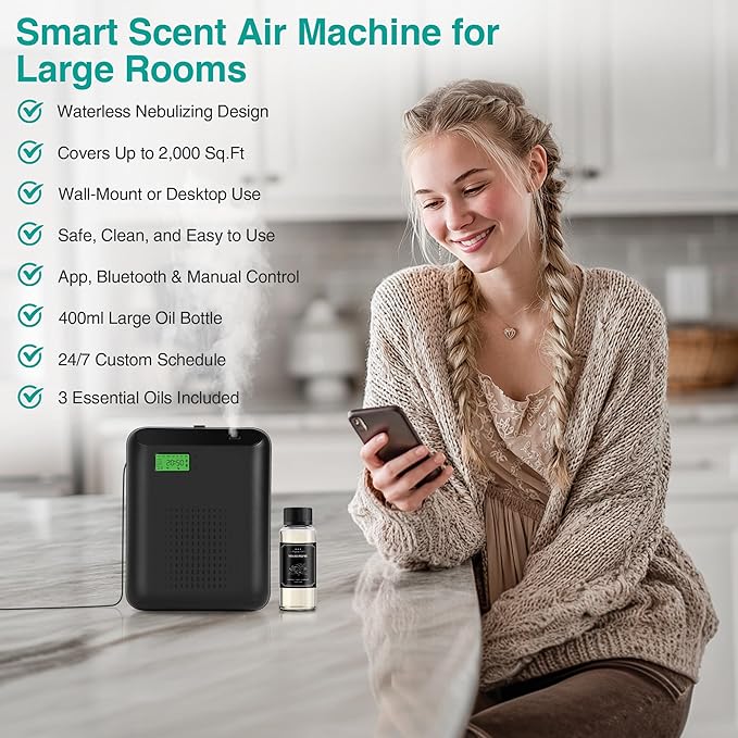 Scent Air Machine Starter Kit – Waterless Diffuser for Home & Commercial Use, Hotel Scent Diffuser Includes 100ml Essential Oil, WiFi/Bluetooth Control, 2000 sq.ft Coverage, Wall-Mount & Desktop,Black