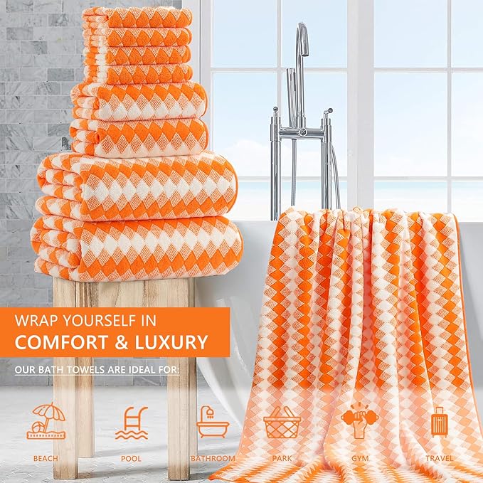 8 Piece Bathroom Towel Set |2 Oversized Bath Towels,2 Hand Towels,4 Washcloths| 600GSM Soft Hotel Towel Set Extra Large Bath Sheet for Bathroom,Highly Absorbent Quick Dry Bath Towel Collections,Orange
