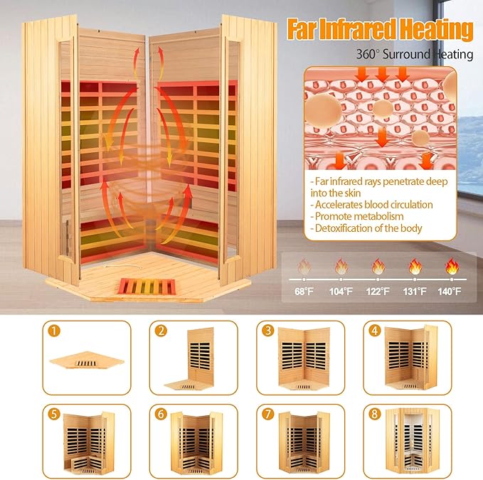 Far Infrared Sauna, 2-3 Person infrared sauna for home, Indoor Home Sauna Canadian Hemlock Wooden Sauna Dry Sauna with 7 Low EMF Heating Panels, Bluetooth Speakers, LED Reading Lights, 1670W