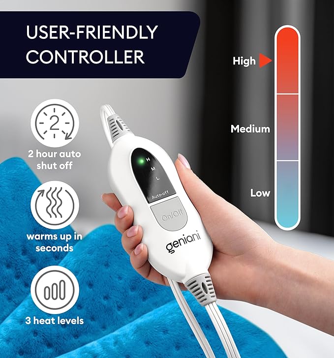 GENIANI Electric Heating Pad for Back Pain & Cramps Relief, Electric Throw, Auto Shut Off, Machine Washable, Moist Heat Pad for Neck & Shoulder - Mother’s Day Gifts (12×24", Aqua Blue)
