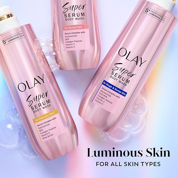Olay Super Serum Body Wash for Normal Skin, 24hr Long Lasting Hydration, 5+ Ingredient Serum Complex for Bright Even Firm Luminous Skin, 18.5 fl oz (Pack of 4)