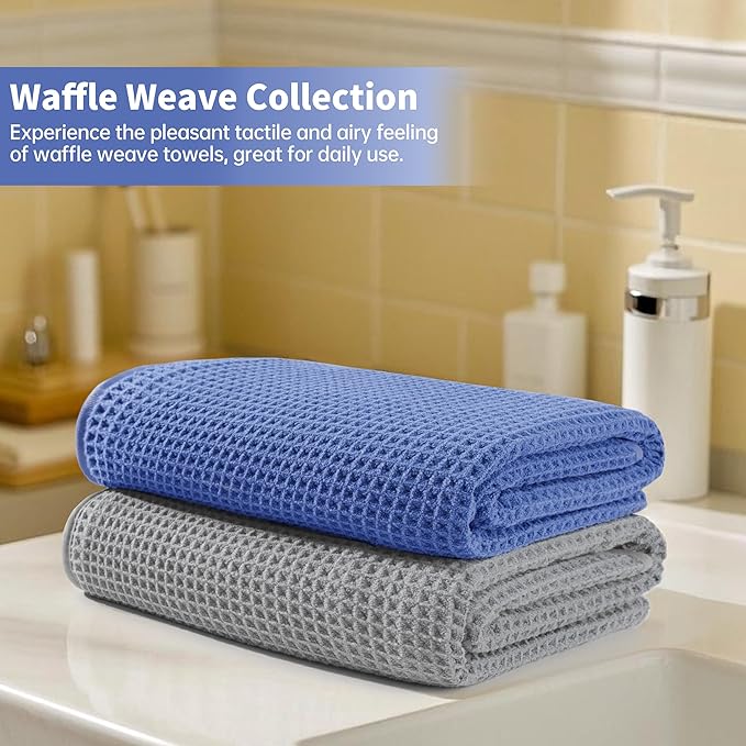 MICROFI New Microfiber Waffle Bath Towels, 2 Pieces, Soft, Absorbent, Fast Drying, Lint Free 430 GSM (Silver+Dark Blue)