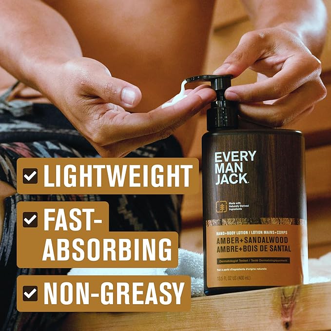 Every Man Jack Mens Amber + Sandalwood Hand & Body Lotion for All Skin Types - Dermatologist Tested & Hypoallergenic - Nourish Skin with Lightweight Fast Absorbing Lotion - 13.5oz (2 Pack)