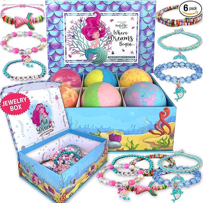Bath Bombs for Kids with Surprise Inside, Mermaid Bath Bombs for Girls with Jewelry & Jewelry Box for Kids Organic, Skin Moisturizing, Natural Bubble, Birthday Gifts for Boys, Girls