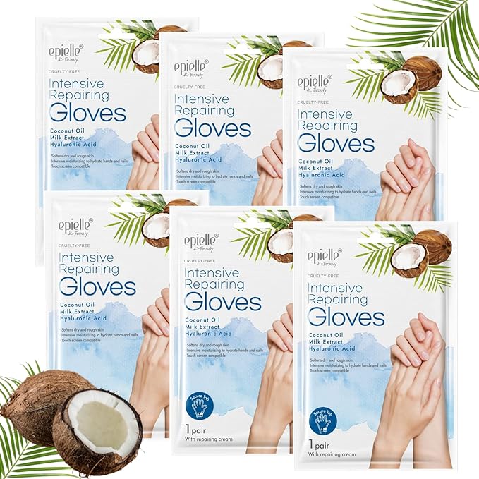 Epielle Intensive Repairing Hand Mask 6 Pairs, Soften with Coconut Oil & Milk Extract, Deep Moisturizing Gloves for Dry, Rough Skin, Self Care Gifts for Women, Spa Kit, Mothers Day Gifts