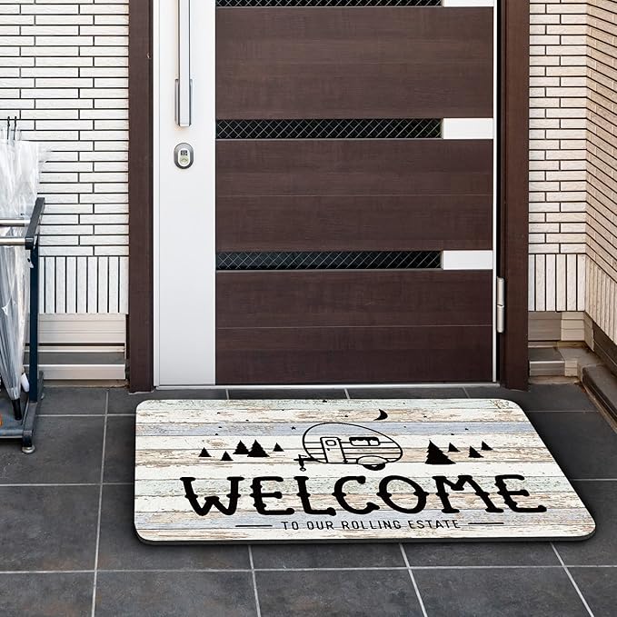Welcome to Our Rolling Estate Soft Diatom Mud Absorbent Bath Rug 17”x30”,Welcome to Our Happy Camper Reversible Throw Pillow Cover 18”x18”,Set of 1 Pillow Cover 1 Doormat,Campsite RV Decor