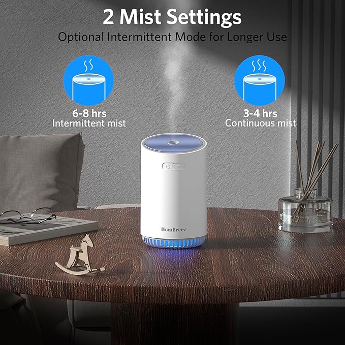 Portable Aromatherapy Diffuser 280ml, Rechargeable Essential Oil Diffuser with LED Light, Cool Mist Humidifier with 2 Mist Modes, Auto Shut-Off, Cordless Use for Home, Office, Bedroom - White