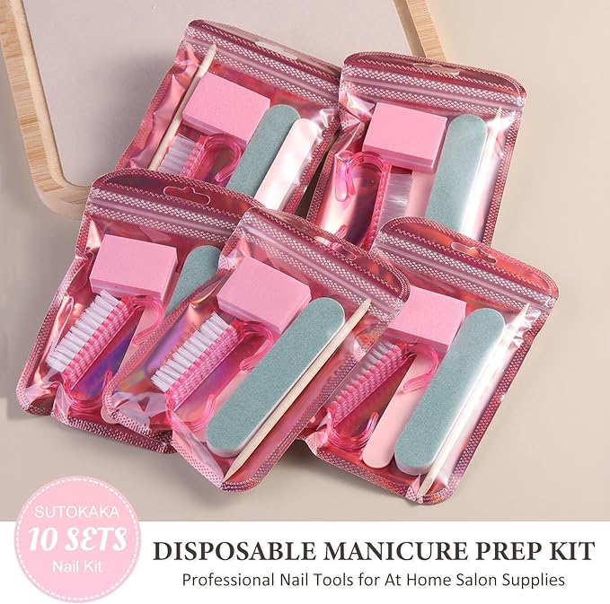 SUTOKAKA 10 Sets Disposable Manicure Prep Kit for Travel Home, Portable Basics 5 in 1 Nail Salon Pedicure Kit, Professional Nail Tool Supplies, Nail File, Mini Buffer, Wood Stick & Handle Grip Brush