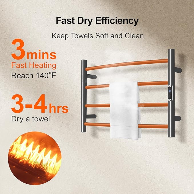 Towel Warmer with Built-in Timer Bathroom Wall Mounted Bath Towel Heater Plug-in Electric Heated Towel Rack Stainless Steel Curved Round Oil Rubbed Drying Rack 16.54x23.62x5.51 inches Gunmetal