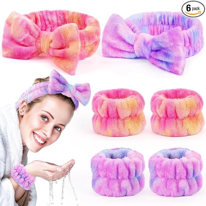 6 Pack Spa Headband with Wristbands: Washing Face Facial Makeup Skincare Headbands for Women Teen Girls - Soft Coral Fleece Elastic Hair Wraps for Easter Basket Stocking Stuffers Valentines Day Gifts
