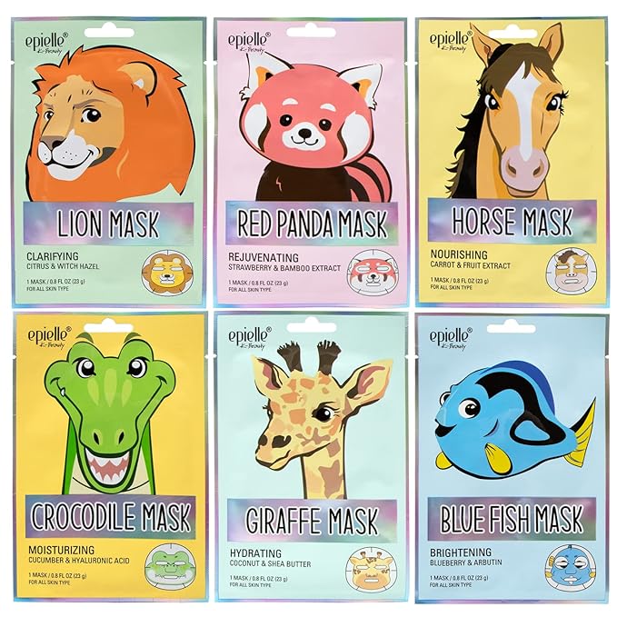 Epielle Character Face Mask Wild Kingdom 6 Pack, Fun & Effective Korean Skin Care, Spa Party Favors, Mothers Day Gifts, Birthday Gifts for Women, Self Care Gifts