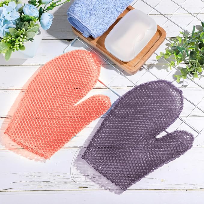 Karenhi 2 Pcs Honeycomb Exfoliating Glove Bath Mitt Body Spa Scrubber, Honeycomb Exfoliator Glove for Body Shower, Scrubber Sponge Shower Loofah, Quick Drying(Pink,Purple)