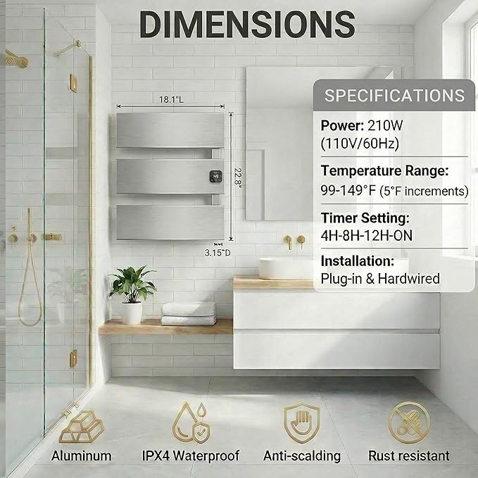 Electric Towel Warmer, Heated Towel Rack with Thermo Control and Timer, Fast Heating Towel Rail for Bathroom with Memroy Function, Work with Smart Plug, Right-Wiring, 3 Panel, Silver