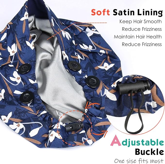 2 Pack Satin Lined Bouffant Scrub Caps with Buttons, Adjustable Scrub Caps for Women Men
