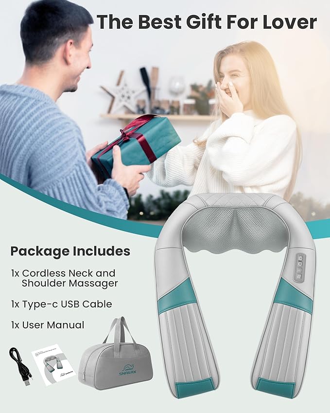 Snailax Cordless Neck Massager with Heat, Shiatsu Neck Back Massager for Pain Relief Deep Tissue, Rechargeable 4D Knead Shoulder Massager Pillow, with Portable Carry Bag, Gifts for Mom, Dad