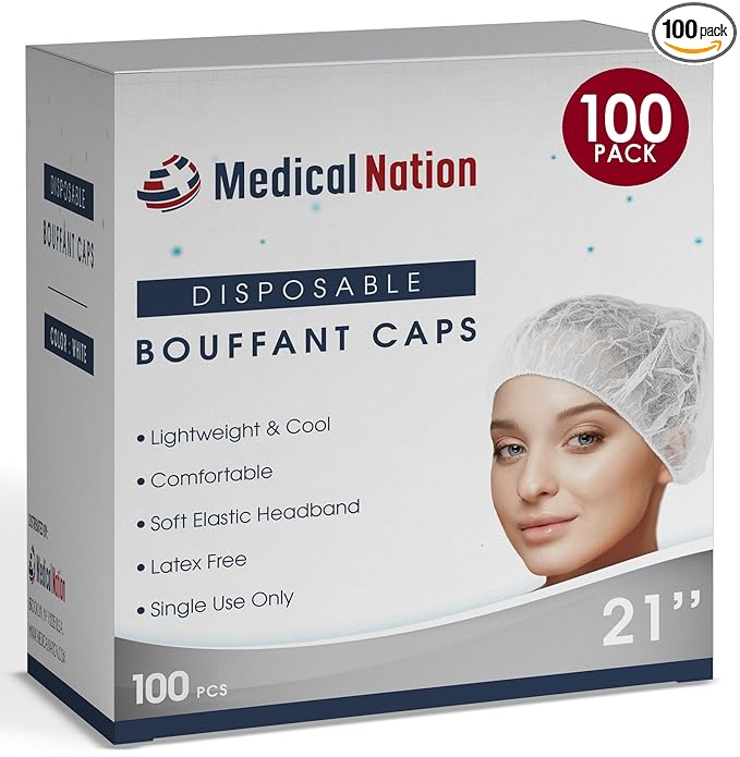Medical Nation 21" Disposable Bouffant Caps | Pack of 100, White | Hairnets, Non-Woven, Non-Pleated Head Hair Covers |For Medical, Labs, Nurse, Tattoo, Food Service, Hospital, Cooking - Size 21" White