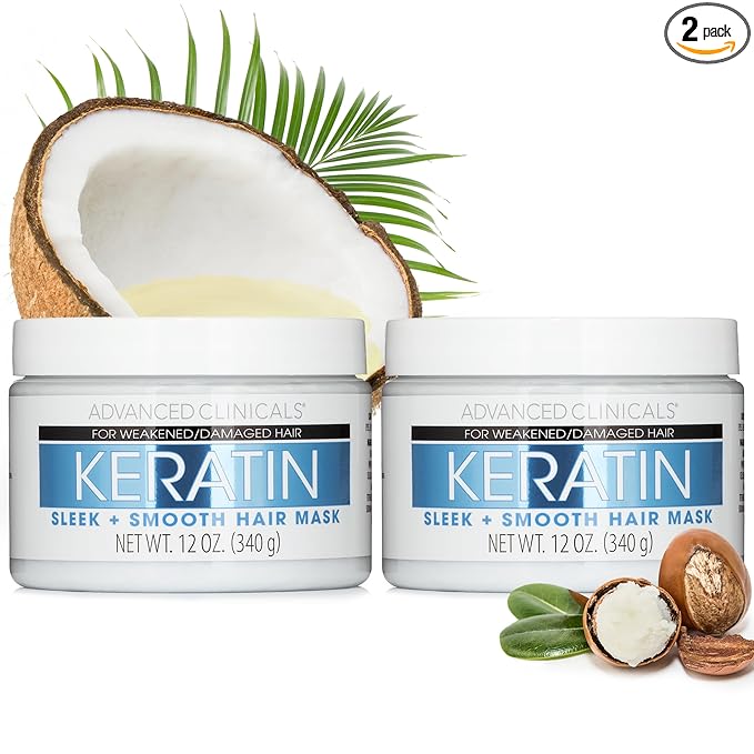 Advanced Clinicals Keratin Hair Mask Treatment, 12 Fl Oz (2-Pack), For Color Treated Hair, Detoxifying + Fortifying Repair Conditioner with Shea Butter, Helps Strengthen Broken Hair