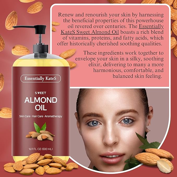 Essentially KateS Sweet Almond Oil 33.8 Fl Oz - Pack of 2 x 16.9 Fl Oz - 100% Pure and Natural - Conditioning, Moisturizing & Nourishing - No Greasy Feel - A Natural Vit. E source