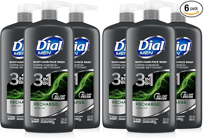 Dial Men 3in1 Body,Hair and Face Wash,Recharge, (23 fl oz Bottles),(Pack of 6)