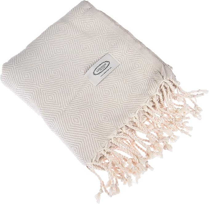 Personalized Embroidered Beach Towel | Throw Blanket, Easy Carry, Sand Free, Highly Absorbent, Quick Dry, Turkish Towels for Camping Bath Beach Gym Pool Yoga SPA by Lahammam, Mediterranean, Beige
