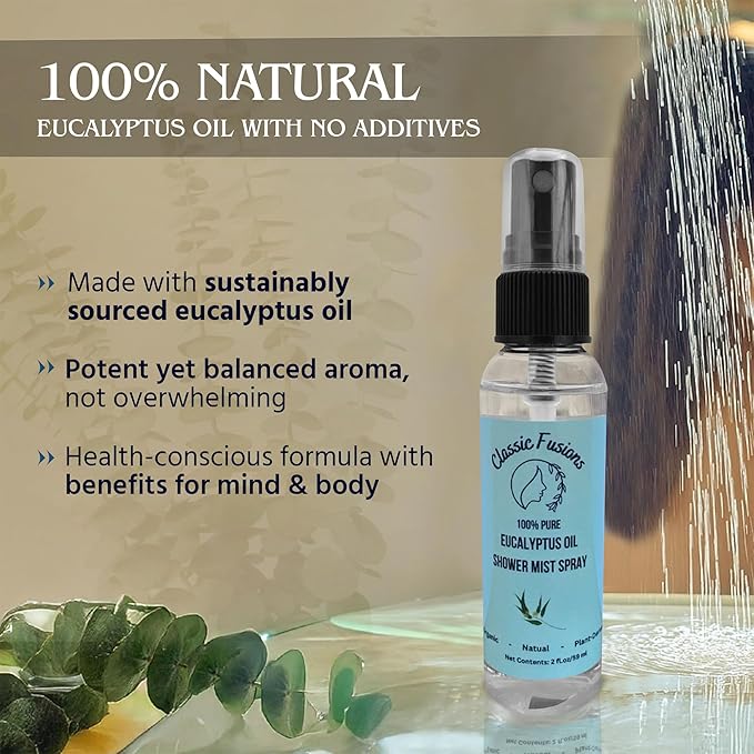 100% Pure Eucalyptus Oil Shower Spray – 2oz Natural Mist for Refreshing Scent, Relaxation & Invigoration – No Harsh Chemicals, Perfect for Shower, Steam Room & Linen Freshener