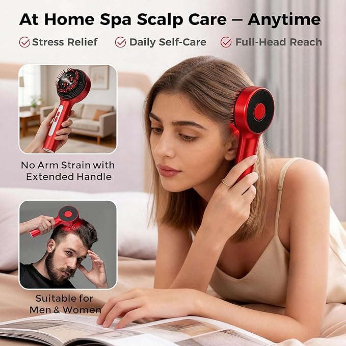 Electric Scalp Massager, 5 in 1 Refillable Oil Reservoir and Mist 3 Step At Home Scalp Spa Device, 3D Deep Kneading Massage, USB C Rechargeable Portable for Home and Travel (Red)