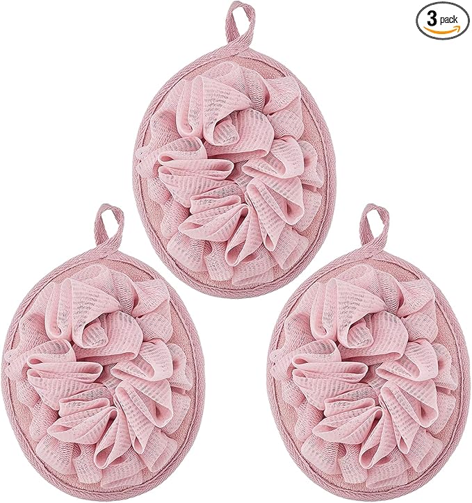 Boao 3 Pcs Bath Shower Pouf Sponge Mesh Pouf Shower Ball Exfoliating Body Sponge Pad Scrubber Glove with Flower Bath Ball (Pink)