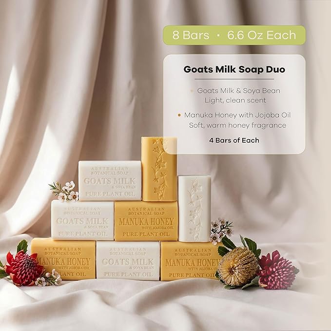Australian Botanical Goats Milk Soap and Manuka Honey 6.6 OZ, Triple Milled Bars made with a Natural Soap Base and Enriched with Organic Shea Butter, Pack of 8