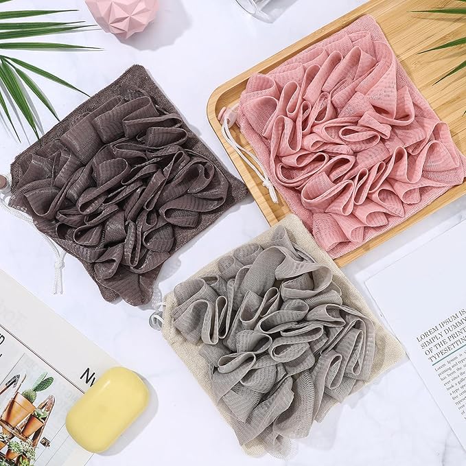 3 Pcs Washcloth Loofah Combo, 2 in 1 Bath Loofah Sponge with Drawstring, Exfoliation Mesh Shower Puff Ball for Body Wash Cleansing and Smooth Skin (Grey Coffee Pink)
