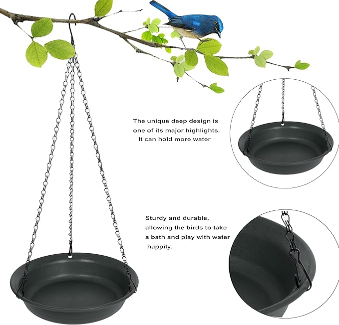 VUWEZ Hanging Bird Bath, Hanging Bird Water Feeder for Outdoors, Feeder Bowl, 1 Pack Birdbath Tray Accessories for Outside, Plastic Birdbaths Tray for Garden Patio Decoration (8", Dark Black)