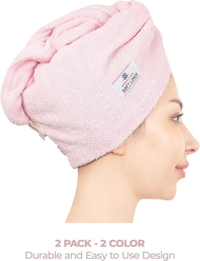 American Soft Linen 100% Cotton Head Towel Cap, Women's Anti Frizz Hair Wrap, Absorbent Cotton Towels 2 Pack, Light Grey-Pink