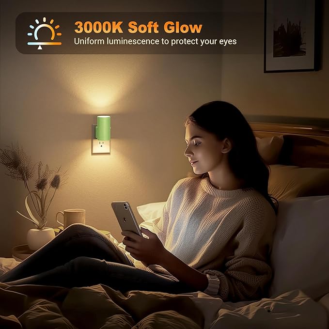 JandCase Night Lights Plug into Wall, Dimmable Night Light Plug in with Green Shade, Modern Night Lights with Dusk to Dawn Sensor, Soft White 3000K, 0-100LM Nightlight for Hallway Bedroom, 2 Pack