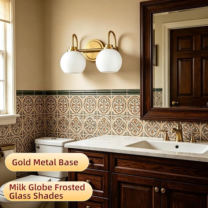 AKEZON Bathroom Light Fixtures 2-Light Brushed Gold Vanity Light, Modern Bathroom Wall Sconce with Milky White Frosted Glass Shade for Mirror Bedroom Hallway