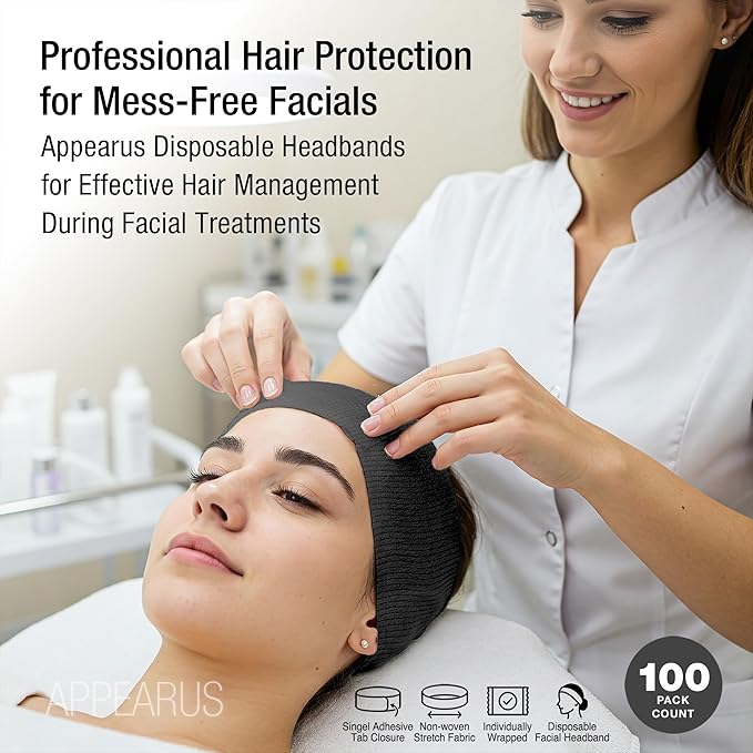 APPEARUS Disposable Stretch Facial Headbands, 100 Count, Snag-Free Adhesive Tab Closure, Spa, Estheticians, Waxing and Lash Extensions, Black