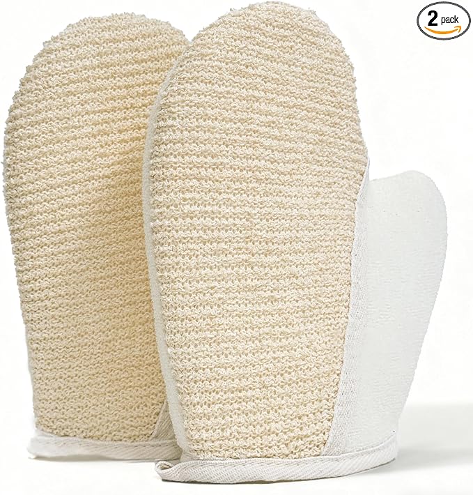 Exfoliating Glove Bath Mitts for Shower, Hemp Body Gloves for Shower Exfoliating, Body Exfoliator Glove Gentle on Skin, Deep Cleansing, 2 Pack of Shower Gloves Exfoliating for Women (White Mitt)